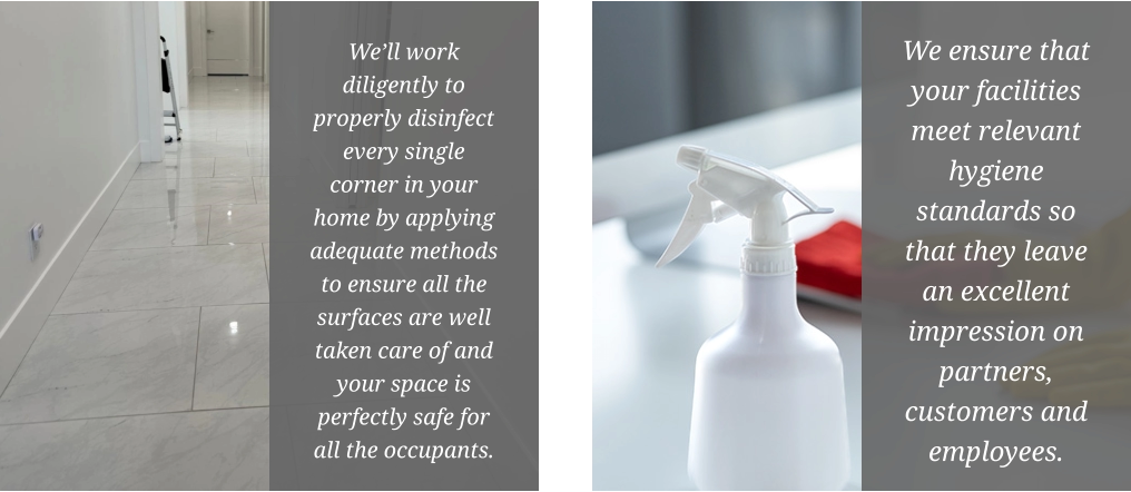 We’ll work diligently to properly disinfect every single corner in your home by applying adequate methods to ensure all the surfaces are well taken care of and your space is perfectly safe for all the occupants. We ensure that your facilities meet relevant hygiene standards so that they leave an excellent impression on partners, customers and employees.